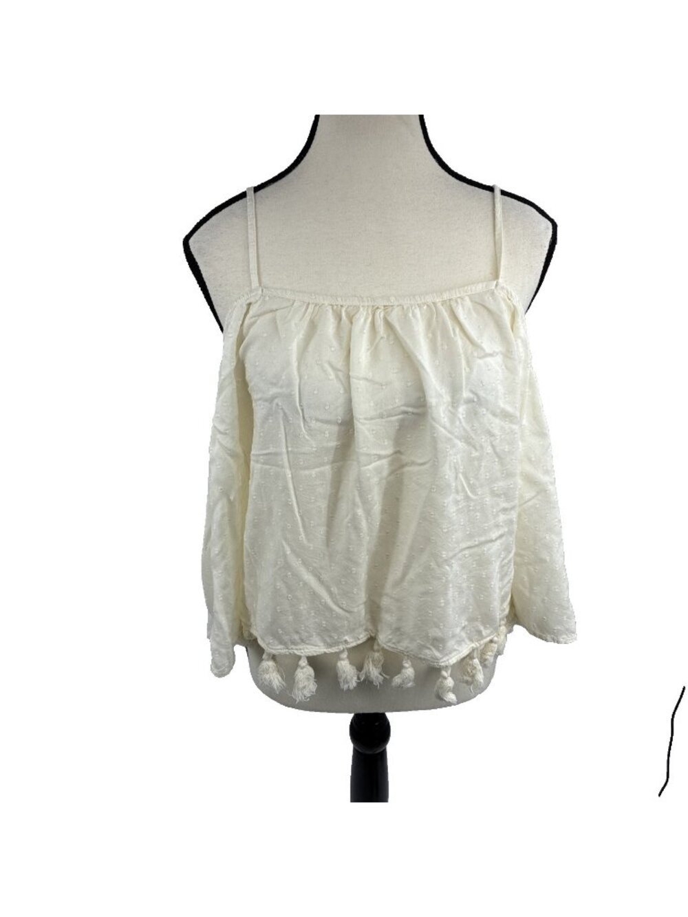 American Eagle Womens Boho Blouse Tassel Hem Swiss Dot Ivory M